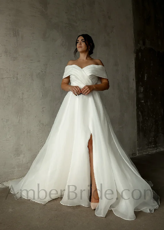 Elegant A-Line Pleated Organza Wedding Dress with Off-Shoulder Design and Stylish Slit