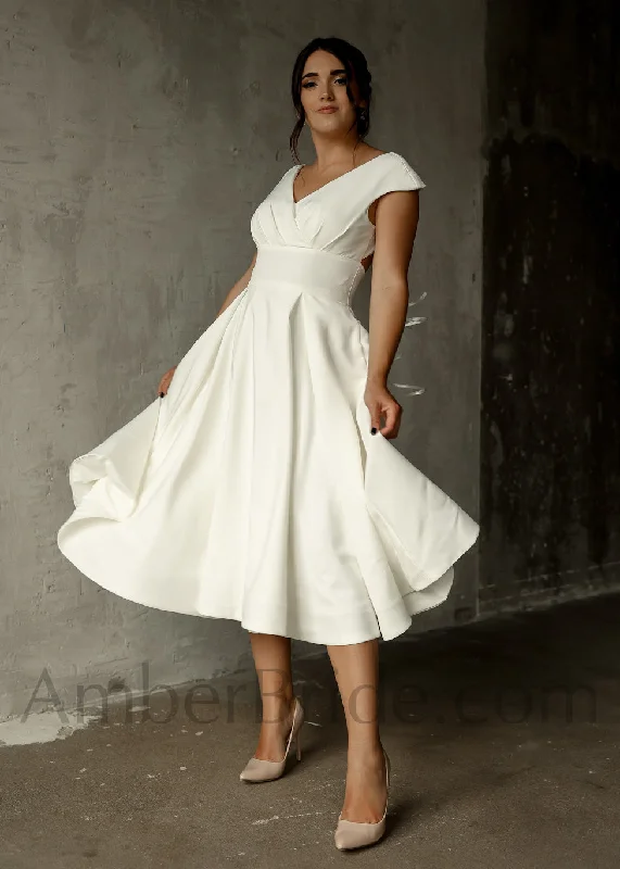 Elegant A-Line Tea Length Short Satin Dress with Cap Sleeves and Open Back