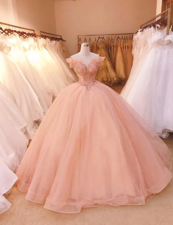 Elegant Ball Gown Long Prom Dress, Off the Shoulder Wedding Dress, Lace Beads Appliqued Evening Gown, Quinceanera Dresses C1260
