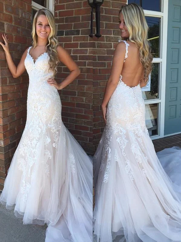 Elegant Tulle Spaghetti Straps Neckline Chapel Train Mermaid Wedding Dress WD058