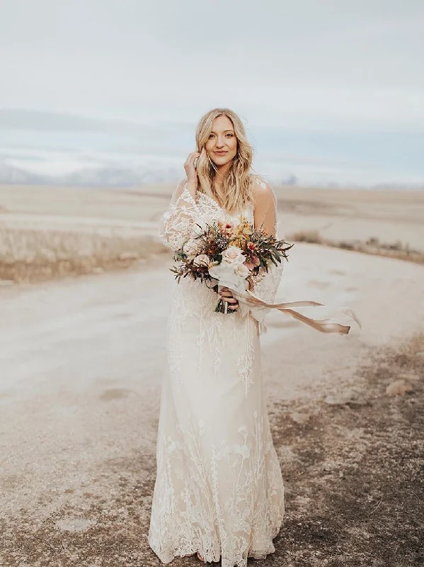 Elegant Long Sleeves Lace Backless Wedding Dresses A-Line Sweep Train Bridal Gowns WD391 Elegant Long Sleeves Lace Backless Wedding Dresses A-Line Sweep Train Bridal Gowns WD391