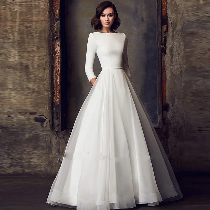 Cinessd Back to school outfit Elegant Satin Wedding Dresses For Women White Three Quater Sleeves A-Line Pockets Vintage Bride Dress Simple Robe De Mariee