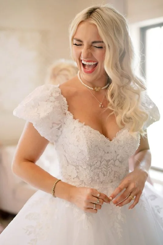Elegant Short Sleeves White Long Wedding Dress With Lace Appliques, Ball Gown C1382
