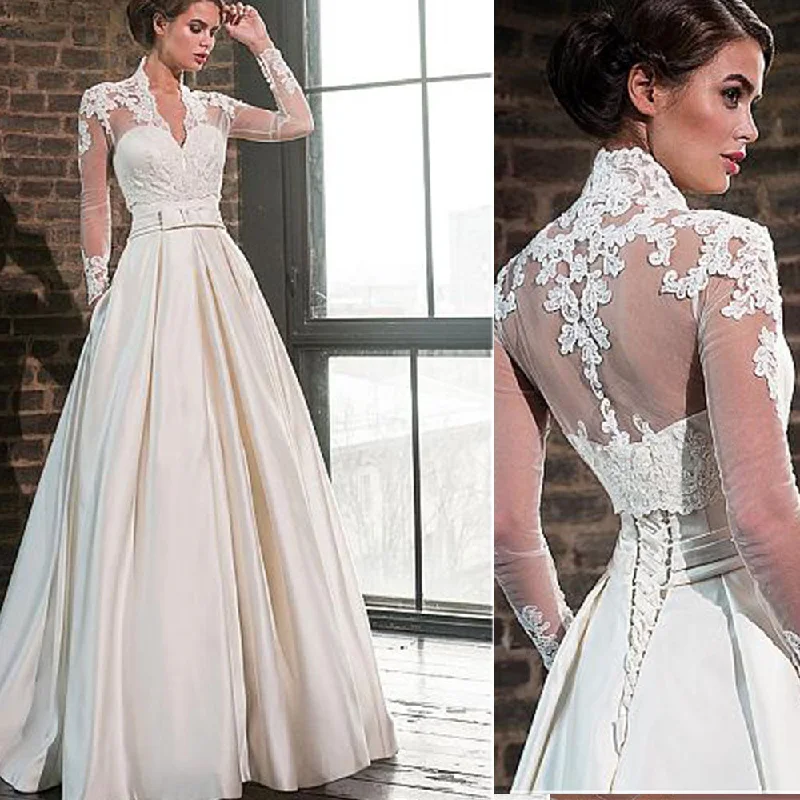 Cinessd Back to school outfit Elegant Wedding Dresses Long Sleeves Lace Satin With Pockets Wedding Gowns Bride Dress Vintage Customize  Robe De Mariee
