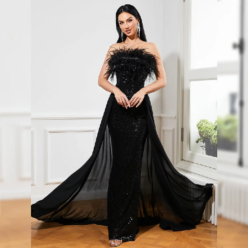 Enchanted Ostrich Feathered Glamour Sequin Strapless Prom Dress