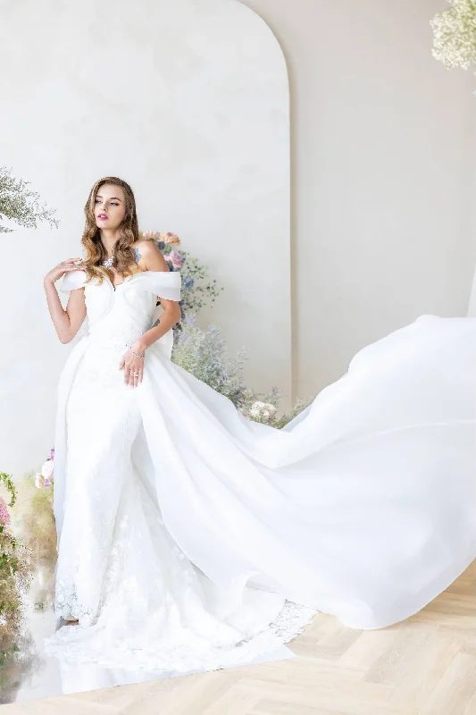 Ethereal Off-Shoulder Organza Floral Beaded  Two-in-one Mermaid Wedding Gown