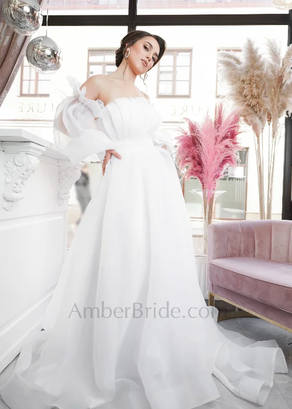 Exclusive A-Line Organza Wedding Dress with Detachable Off-Shoulder Bishop Sleeves