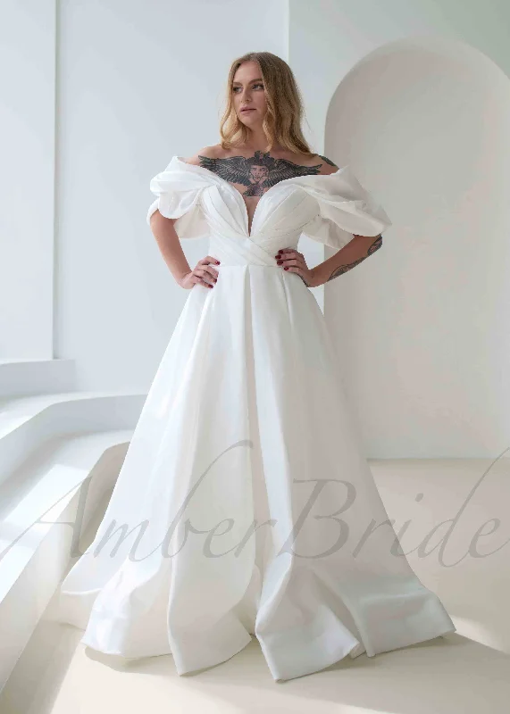 Exquisite A Line Satin Wedding Dress with Off Shoulder Deep V Design