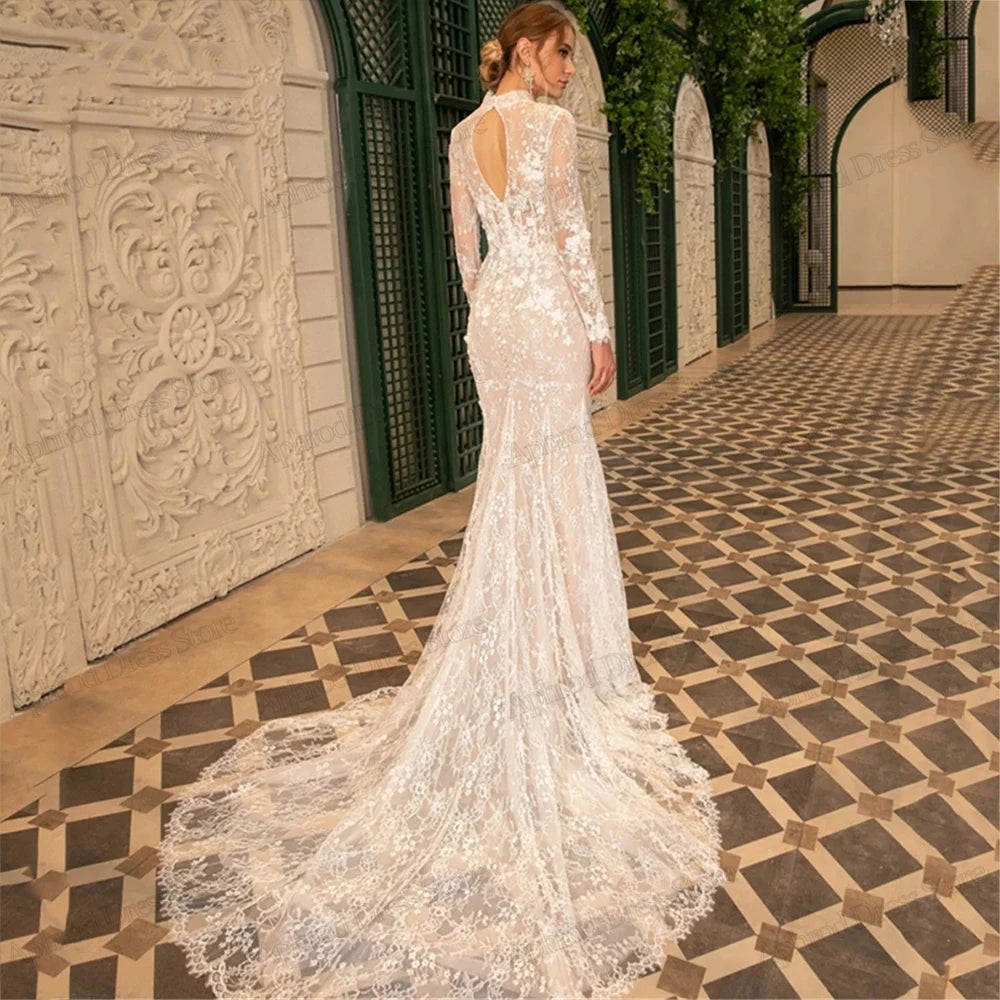 Cinessd Exquisite Wedding Dresses For Women Mermaid Lace Appliques High Neck Bridal Dress Full Sleeves Vestidos De Novia Customized 2025