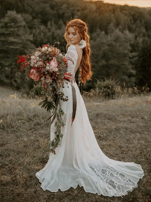 Fabulous Backless Lace Illusion Longsleeves Wedding Dresses A-Line Bridal Gowns WD358