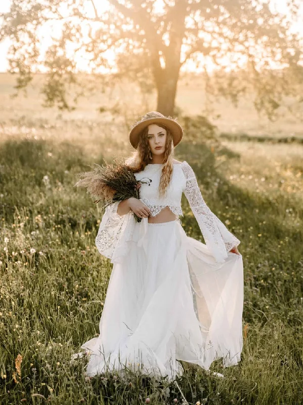 Fabulous Two-pieces A-line Long Trumpet Sleeves Lace Tulle Chapel Train Wedding Dresses WD357