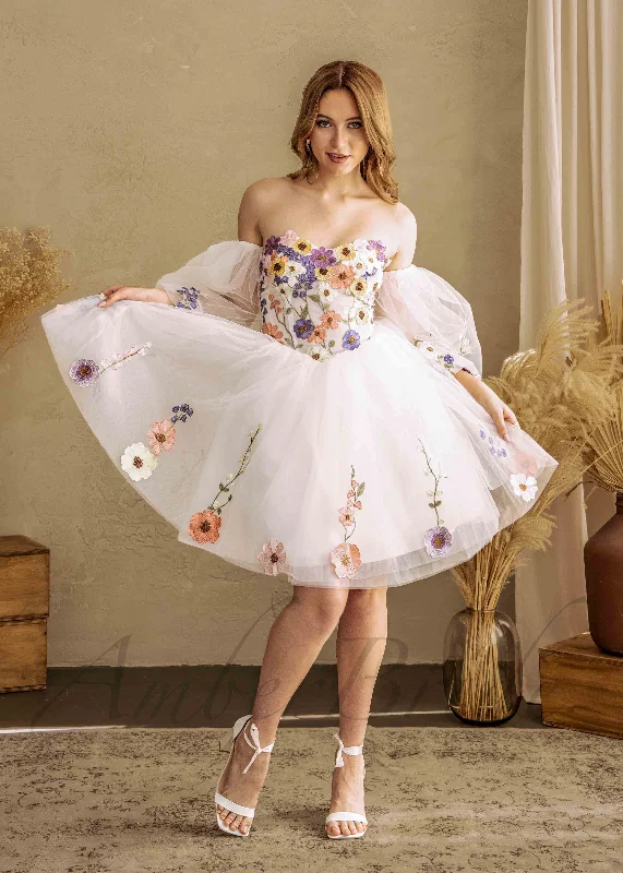 Fairy Knee-Length Dress with Colorful Flowers and Detachable Puffy Sleeve