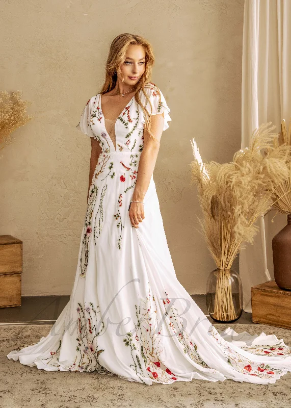 Floral A Line Wedding Dress with Flutter Sleeve and Open Back
