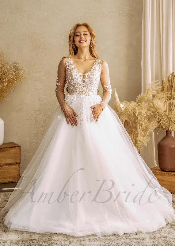 Floral Ball Gown Wedding Dress with Long Illusion Sleeve and Tulle Skirt