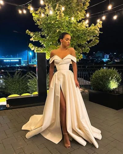 Gorgeous A Line Off the Shoulder White Long Prom/Wedding Dress with Split Front C1390