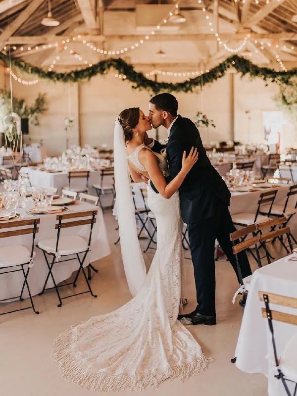 Graceful Backless Lace Halter Neckline Mermaid Tassels Sweep Train Sheath Wedding Dresses WD371 Graceful Backless Lace Halter Neckline Mermaid Tassels Sweep Train Sheath Wedding Dresses WD371