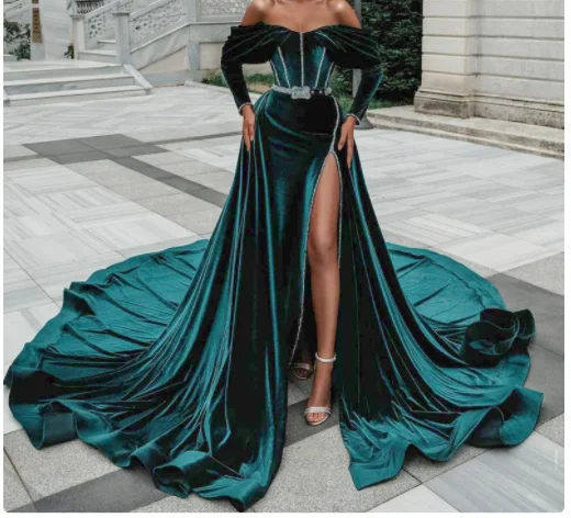 Green velvet dress, evening gowns,African prom and wedding dress,Wedding reception dress C2197