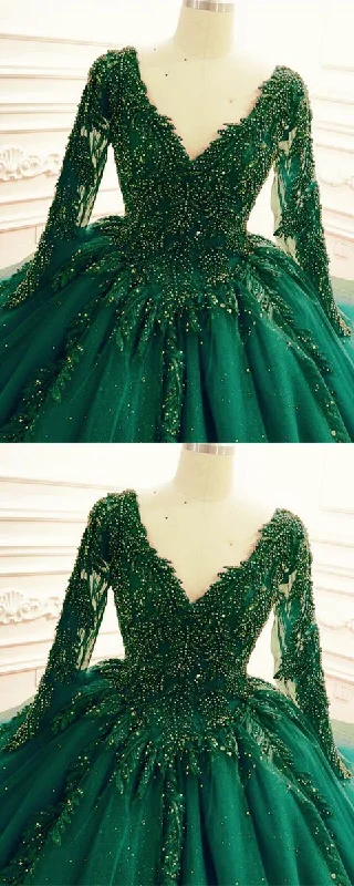 Green Wedding Dresses Ball Gown Long Sleeves c3470