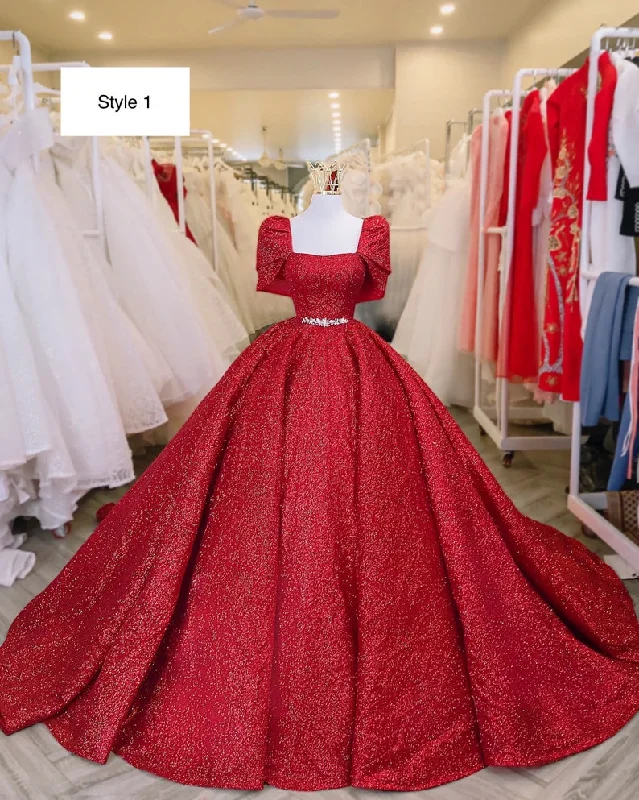 illusion Red Sparkle Ball Gown Wedding Dress With Short Sleeves Chic Prom Dress C2151