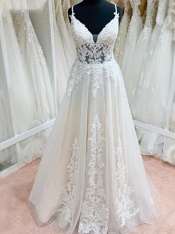Ivory Lace Tulle V-Neck Backless Floor-Length Spaghetti Straps A-Line Wedding Dresses prom dress cg22090 Ivory Lace Tulle V-Neck Backless Floor-Length Spaghetti Straps A-Line Wedding Dresses prom dress cg22090