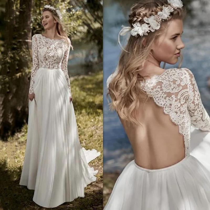 Cinessd  Lace Chiffon Boho Wedding Dresses Long Sleeves 2022 Open Back Robe De Mariee Vintage Beach Floor Length White Ivory Bridal Dress