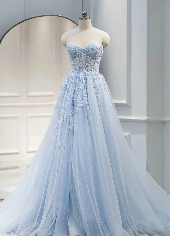 Light Blue Sweetheart Tulle with Lace Long Wedding Party Dress, Blue Prom Dress
