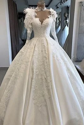 Long-Sleeves Brilliant High-Neck Appliques Flowers Feather Wedding Dresses , Ball Gown C1842