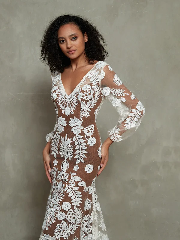 Long Sleeves Ivory Lace Deep Nude Lining Boho Dresses-As Picture