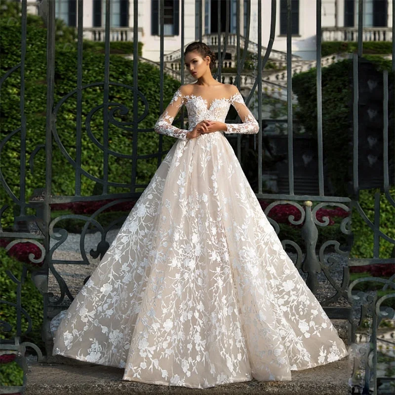Cinessd Back to school outfit Long Sleeves Lace Wedding Dress 2022 Illusion Backless Princess Boho Lace Wedding  2022 Elegant For Women Robe De Mariee Summer