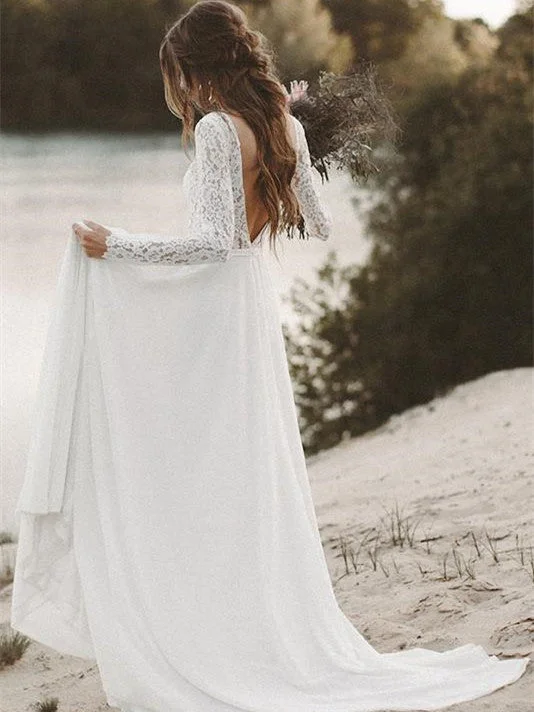 Long Sleeves Lace Wedding Dresses A-line Chiffon Bridal Gowns WD330