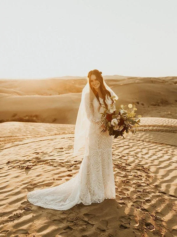 Long Sleeves Lace Wedding Dresses Mermaid Beaded Bridal Gowns WD350