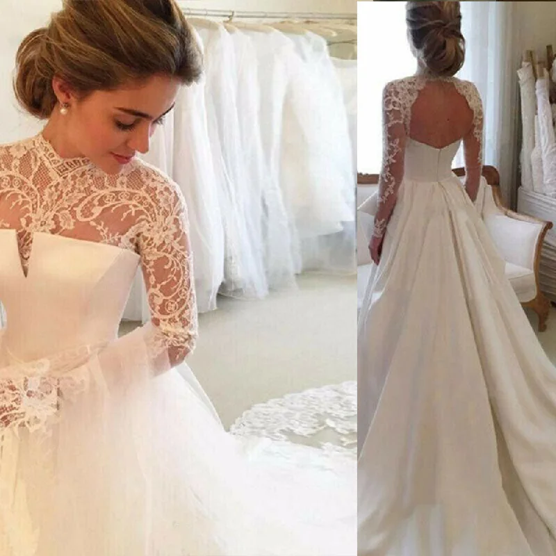 Cinessd Back to school outfit Long Sleeves Vintage Wedding Dresses 2022 Sweep Train Vestido De Novia Lace Satin Open Back 2022 Custom Made Robe De Mariee