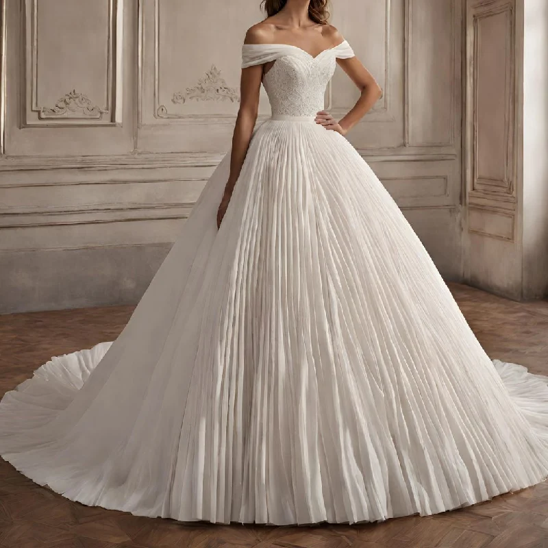 Lustrous Allure Pleated Dreams Off-Shoulder wedding Gown