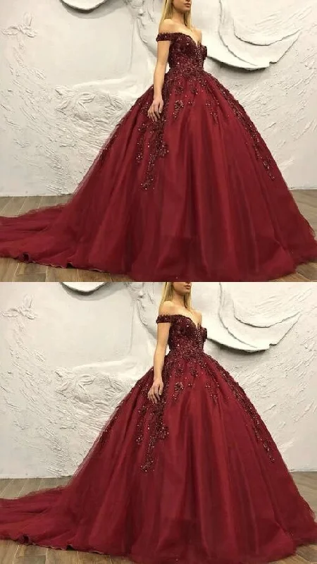 Maroon Wedding Dress Off Shoulder PROM DRESS  cg15615
