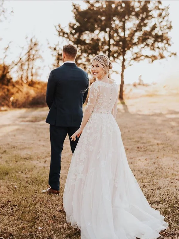 Marvelous A-Line Lace V-Neck Longsleeves Wedding Dresses Appliqued Tulle Bridal Gowns WD406 Marvelous A-Line Lace V-Neck Longsleeves Wedding Dresses Appliqued Tulle Bridal Gowns WD406