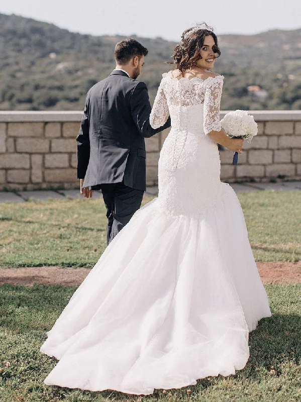 Mermaid Appliqued Off-Shoulder Sweep Train Lace  Wedding Dresses WD541