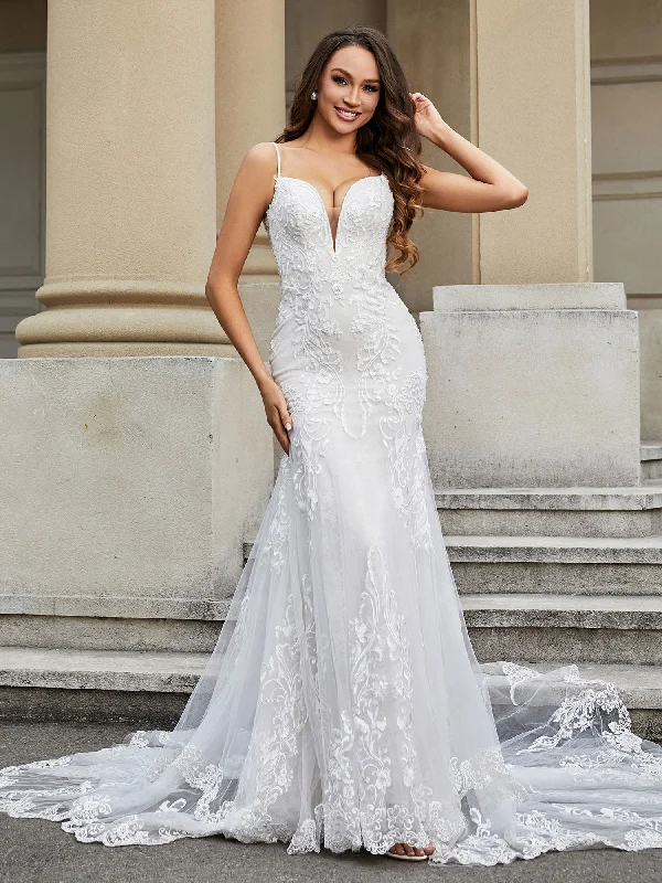 Mermaid Lace Chapel Train Wedding Dress Ivory