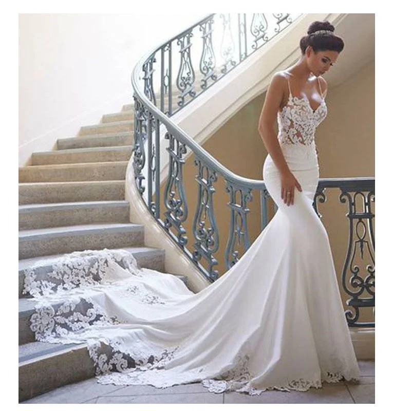 Cinessd Back to school Mermaid Wedding Dress  Spaghetti Straps Vestidos De Novia Vintage Lace Sweetheart Neck Bridal Gown Backless Wedding Gowns