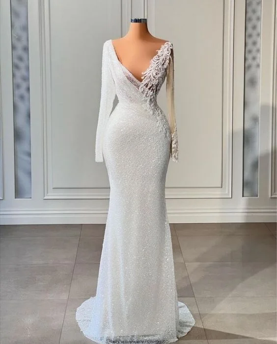 Mermaid Wedding Dress With Long Sleeves Elegant White Wedding Dress  cc167
