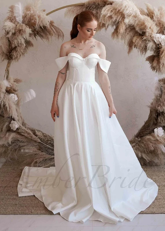 Minimalist A Line Satin Wedding Dress with Off Shoulder Sweetheart Neckline