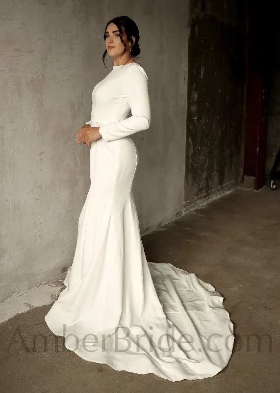 Minimalist Satin Mermaid Wedding Dress with Long Sleeves and V Back
