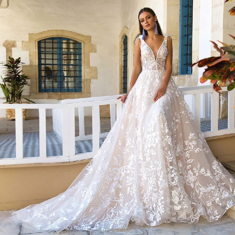 Cinessd Back to school outfit Modern Lace A-Line Wedding Dresses For Bride V-Neck Sleeveless Applique Tulle Open Back Princess Bridal Gowns Boho Beach Custom
