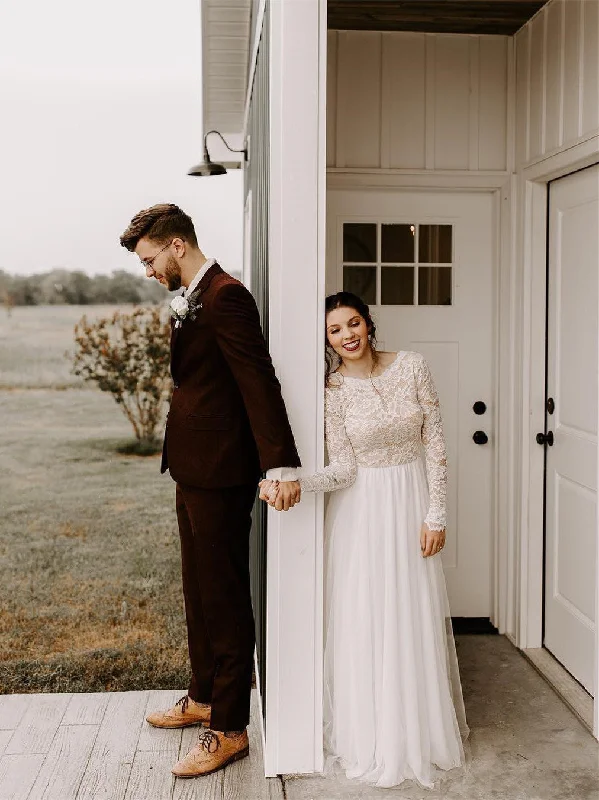 Modest Tulle A-line Wedding Dresses Country With Sleeves Gowns WD207