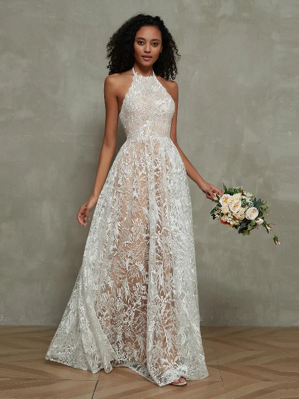 Nude Lining Ivory Lace Halter Floor Length Bridal Dresses-As Picture