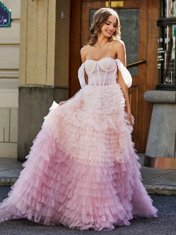 Off Shoulder Ruffle Tiered Tulle Ball Gown Pink