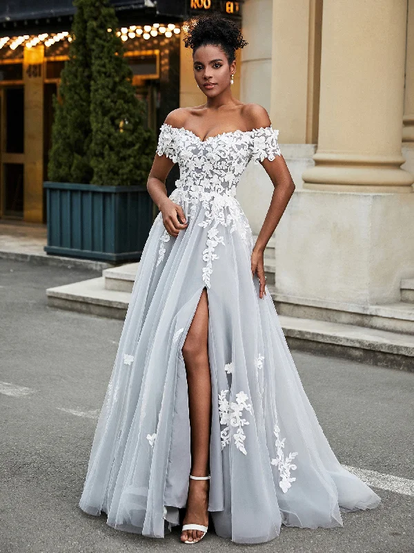 Off-the-shoulder A-line Wedding Dress With Slit Ivory/Grey