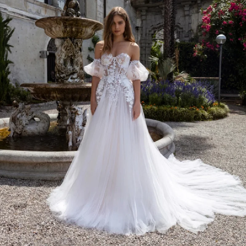 Cinessd Back to school outfit Off The Shoulder Tulle Wedding Dress 2022 Separate Sleeves Lace Appliques Beach Boho Bride For Women Custom Made  Robe De Mariee