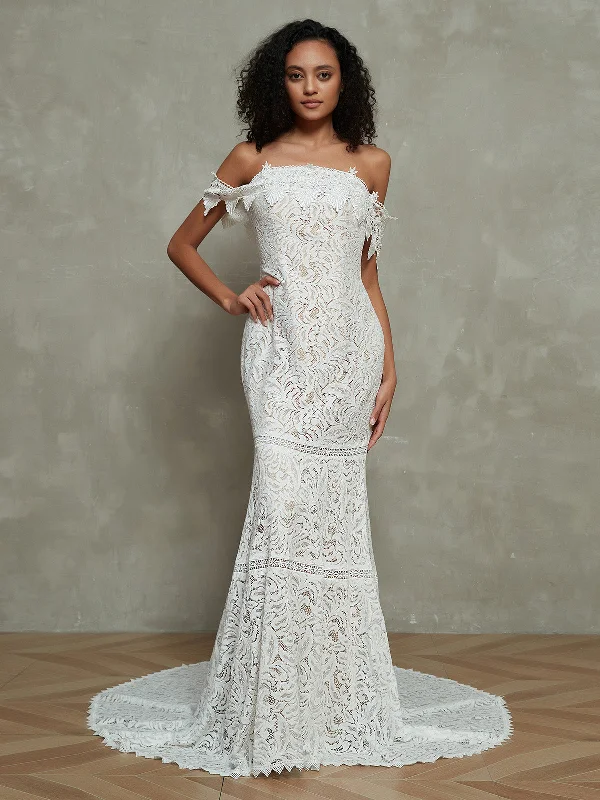 Off the Shoulder Vintage Lace Boho Wedding Dresses-As Picture