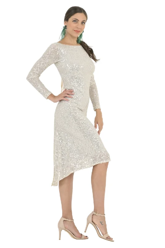 Off-White Sequinned Dress With Keyhole Tie Back