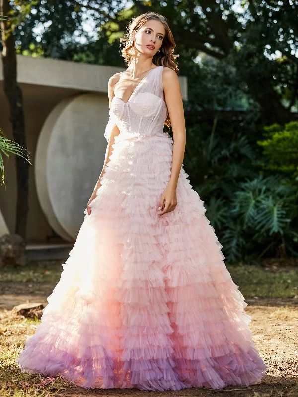 One Shoulder Flowy Ruffle Skirt Tulle Ball Gown Pink